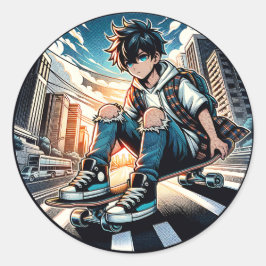 Pop Art Boy auf Skateboard in City Runder Aufkleber
