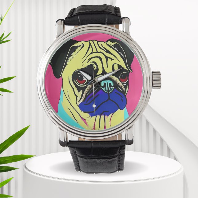 Pop Art bunt Portrait eines Mops Armbanduhr (Von Creator hochgeladen)