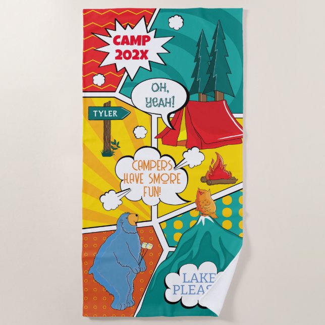 Pop Art Camping Spaß Strandtuch (Vorderseite)