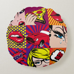 Pop Art Card Illustrationsmuster, Art,Comic,Pop,re Rundes Kissen