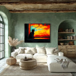 Pop Art Cat at Sunset - Ansicht Poster<br><div class="desc">Diese elegante Kunstszene aus dem Pop nimmt einen ruhigen Moment ein, während eine Katze durch ein Fenster einen lebhaften Sonnenuntergang sieht, der ein Gefühl der Ruhe und des Staunens weckt. Dieses Kunstwerk ist perfekt für Katzenliebhaber und zeichnet sich durch fette Farben und einen atemberaubenden Kontrast zwischen Silhouette und Sonnenuntergang aus....</div>