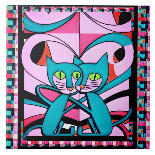 Pop Art Cats, Art Print, Maximalist Dekor Fliese (Vorderseite)