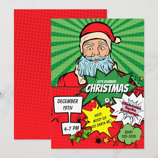 Pop Art Christmas Père Noël Party Comic Invitation (Devant / Derrière)