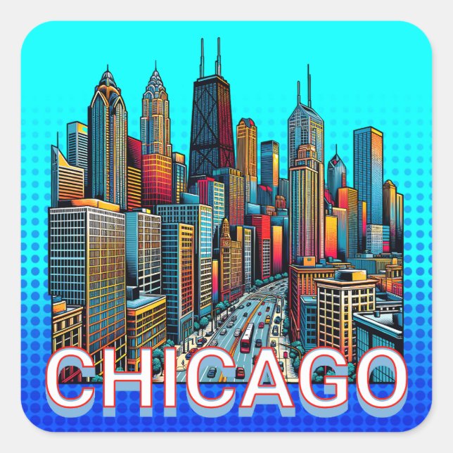 Pop Art Comic Book Art Chicago Quadratischer Aufkleber (Vorderseite)