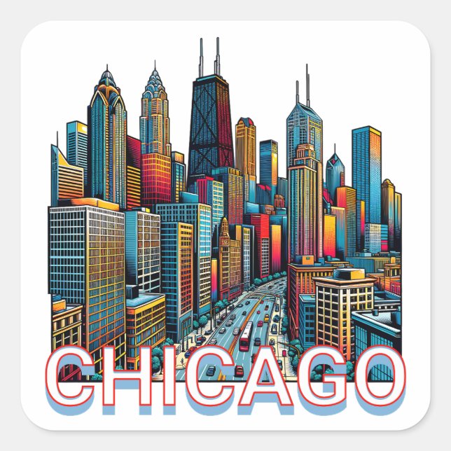 Pop Art Comic Book Art Chicago Quadratischer Aufkleber (Vorderseite)