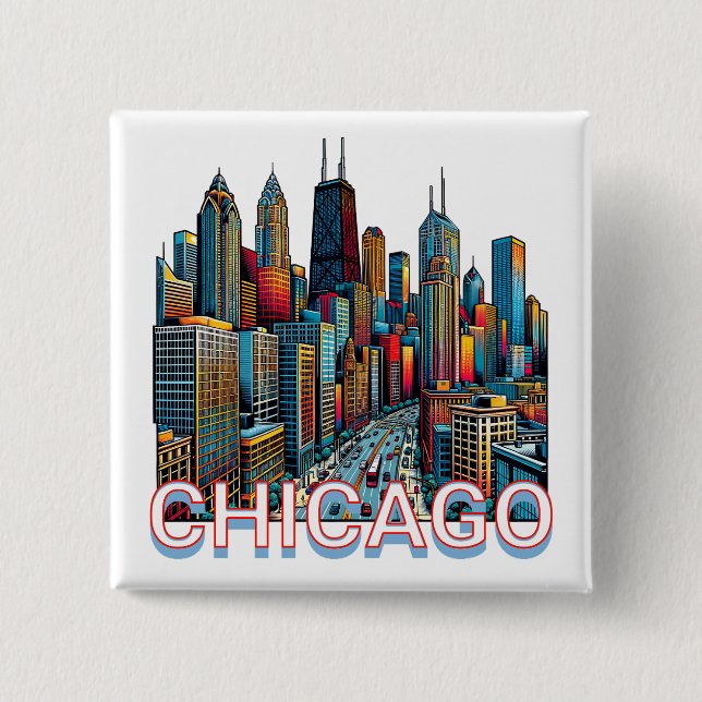 Pop Art Comic Book Chicago, Illinois Skyline Button (Vorderseite)