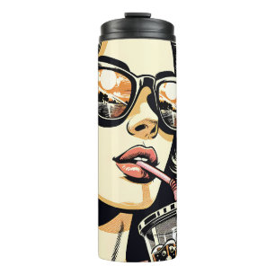 Pop-Art-Comic-Book-Hübsche-Frau-die-Limonade-trink Thermosbecher