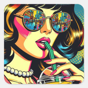 Pop Art Comic Buch Hübsche Frauen trinken Boba Quadratischer Aufkleber