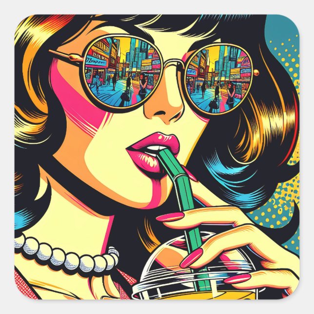 Pop Art Comic Buch Hübsche Frauen trinken Boba Quadratischer Aufkleber (Vorderseite)