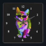 Pop Art coole Katze mit Sonnenbrille Quadratische Wanduhr<br><div class="desc">Ein niedlicher Pop kunstvoll farbige Illustration einer coolen Kitty Katze mit Sonnenbrille. Für Katzen überall !</div>