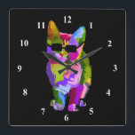 Pop Art coole Katze mit Sonnenbrille Quadratische Wanduhr<br><div class="desc">Ein niedlicher Pop kunstvoll farbige Illustration einer coolen Kitty Katze mit Sonnenbrille. Für Katzen überall !</div>