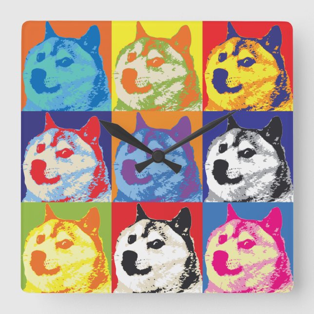 Pop Art Dogecoin Quadratische Wanduhr (Vorderseite)