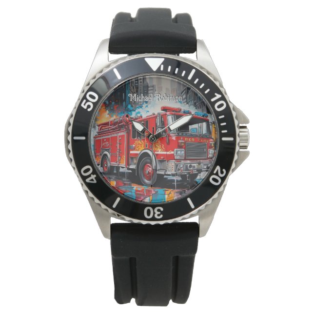 Pop Art Fire Lkw in der Stadt Armbanduhr (Vorderseite)
