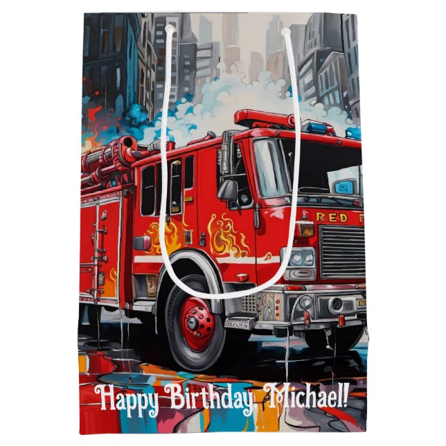 Pop Art Fire Lkw in der Stadt Mittlere Geschenktüte (Rückseite)