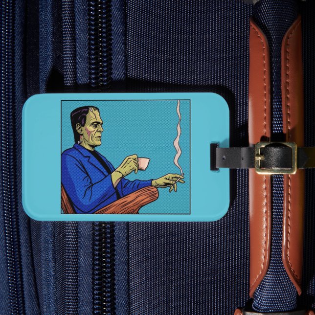 Pop Art Frankenstein Monster Drinking Tea Halftone Gepäckanhänger (Vorderseite Insitu 4)