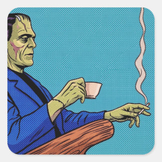 Pop Art Frankenstein Monster Drinking Tea Halftone Quadratischer Aufkleber