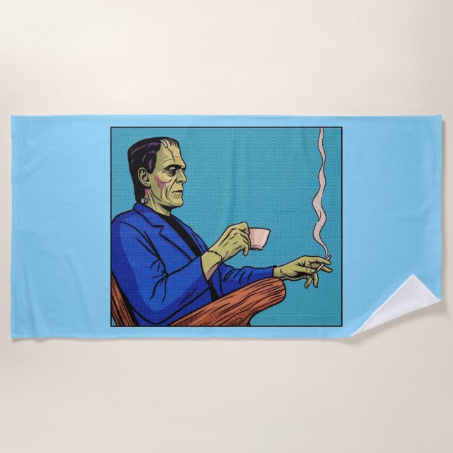 Pop Art Frankenstein Monster Drinking Tea Halftone Strandtuch (Vorderseite)