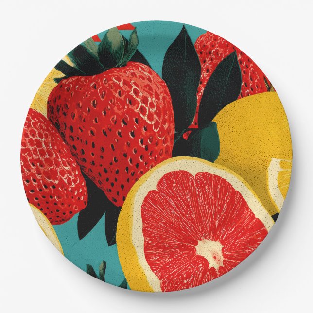 Pop Art Fruit Collage Illustration Pappteller (Vorderseite)