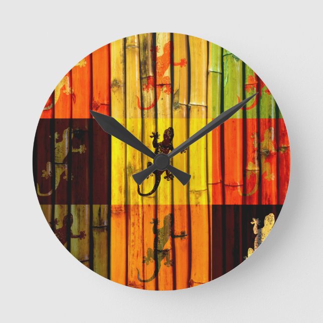 Pop Art Geckos on bamboo wall Art Design Runde Wanduhr (Vorderseite)