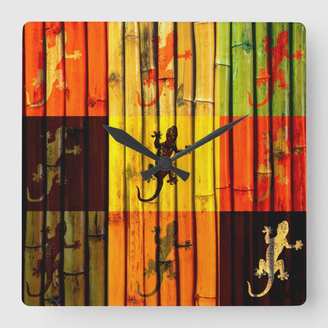 Pop Art Geckos Quadratische Wanduhr (Vorderseite)