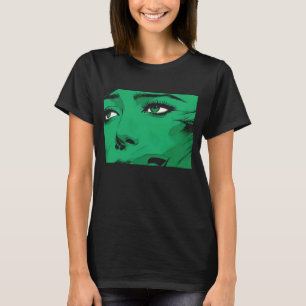 Pop-Art Gesicht einer Frau in lebendigem Grün T-Shirt