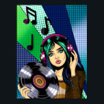 Pop Art Girl mit Aufnahme Poster<br><div class="desc">Pop Art Girl hält ein Vinyl Album mit musikalischen Noten um sie herum. Blaue,  grüne und lila handgezeichnete Kunst.</div>