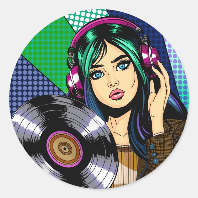 Pop Art Girl mit Aufnahme Runder Aufkleber (Vorderseite)