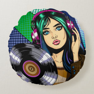 Pop Art Girl mit Aufnahme Rundes Kissen