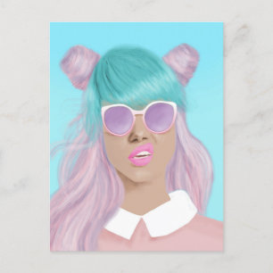 POP ART GIRL RETRO BLAUE HAARKARTE POSTKARTE