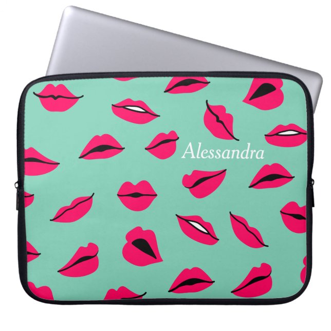 Pop Art Hot Pink Lippen Personalisiert Minze Laptopschutzhülle (Vorderseite)