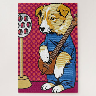 Pop-Art-Hund spielt Instrument Retro-Comic