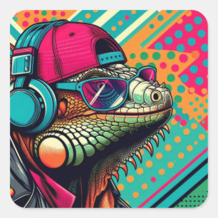 POP ART IGUANA 2 QUADRATISCHER AUFKLEBER