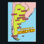 Pop Art Illustriert Argentinien Poster<br><div class="desc">Diese illustrierte argentinische Landkarte ist in einem lebendigen Pop-Kunststil dargestellt. Die Karte ist in schwarz und mit einer hellgelben Farbe,  Set vor einem blauen Hintergrund mit gepunkteten Mustern gefüllt. Die großen Städte Argentiniens sind in blauen Kartons gekennzeichnet.</div>