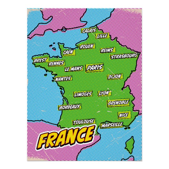 Pop Art Illustriert France Karte Poster (Vorderseite)