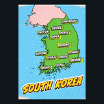 Pop Art Illustriert Südkorea Karte Fotodruck<br><div class="desc">Eine Pop-Kunstkarte Südkoreas mit einem hellblauen Hintergrund und einem gepunkteten Muster.</div>