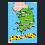 Pop Art Illustriert Südkorea Karte Poster<br><div class="desc">Eine Pop-Kunstkarte Südkoreas mit einem hellblauen Hintergrund und einem gepunkteten Muster.</div>