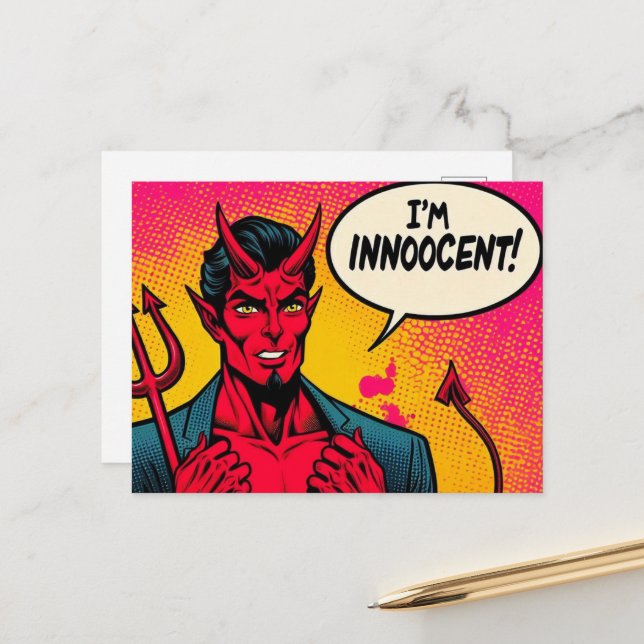 Pop Art Innoocent Devil Comic Postkarte (Vorderseite/Rückseite Beispiel)