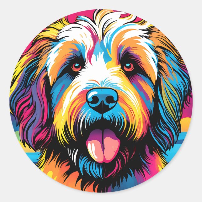 Pop Art Labradoodle Portrait Runder Aufkleber (Vorderseite)