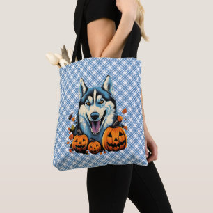 Pop-Art lächelnder Husky-Hund mit Kürbissen Hallow Tasche