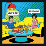 Pop Art Lounge Poster<br><div class="desc">Hochwertige Grafik einer Lounge-Szene im Pop-Art-Stil. Der Wohnbereich des Apartments ist mit gepolsterten,  abgerundeten Möbeln in Primärfarben und zwei Figuren ausgestattet,  die auf einem großen gelben Sofa mit Sprechblasen über den Köpfen sitzen.</div>