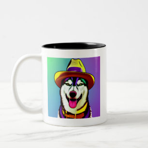 Pop Art Malerei eines Husky-Hundes mit einem Hutst Zweifarbige Tasse