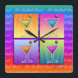 Pop Art MARTINIS Square WALL CLOCK Quadratische Wanduhr<br><div class="desc">The classic martini glass gets a pop art treatment in a rainbow of colors. The traditional olive garnishes the rainbow pop art martinis with a dash of humor in this contemporary, retro inspired graphic for some true happy hour happiness! Perfect for every Martini Lover - This fun graphic pop art...</div>