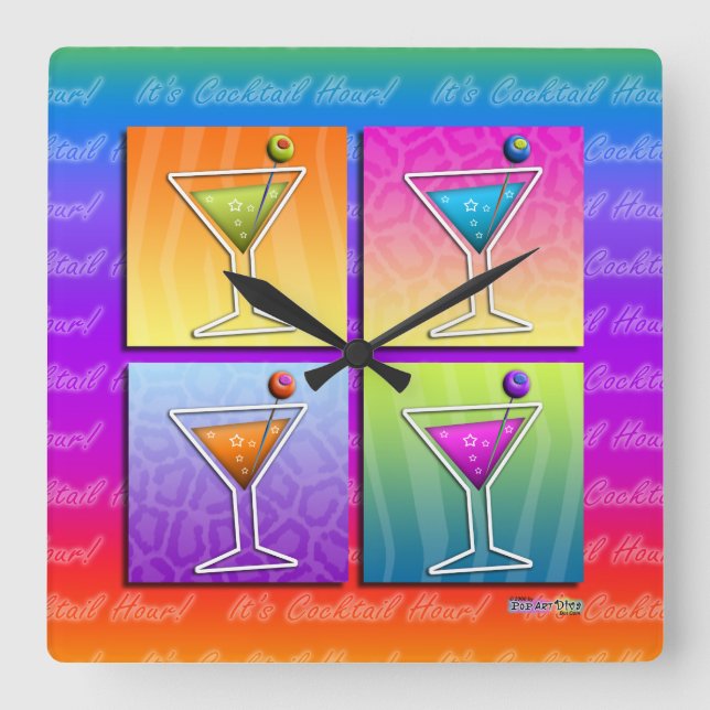 Pop Art MARTINIS Square WALL CLOCK Quadratische Wanduhr (Vorderseite)