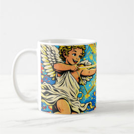 Pop-Art mit zwei Cupids beim Spielen Kaffeetasse