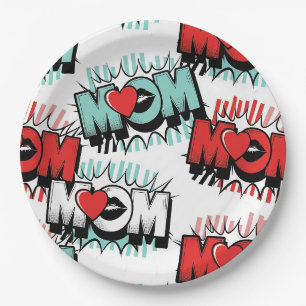 Pop-Art-Muster MOM Love in Weiß (1) Pappteller