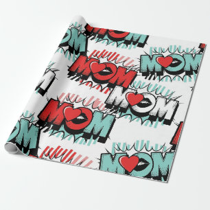 Pop-Art-Muster „MOM Love“ in Weiß Geschenkpapier