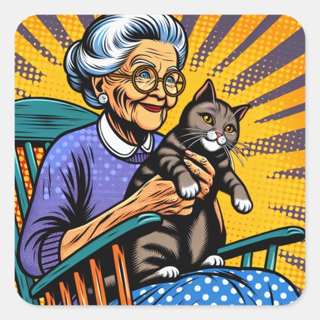 Pop Art Old Lady im Rockstuhl mit Katze Quadratischer Aufkleber (Vorderseite)