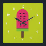Pop Art popsicle fruchtige Wassermelone Quadratische Wanduhr<br><div class="desc">Eine niedliche Pop Kunst farbenfrohe helle Illustration eines Wassermelone Popsicle Eisblock in Rosa und Kalkgrün. Glücklich und fruchtig !</div>