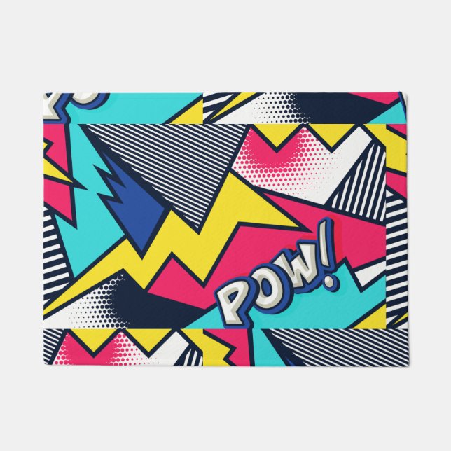 Pop Art Pow! Muster in Magenta, Blau und Schwarz Fußmatte (Vorderseite)