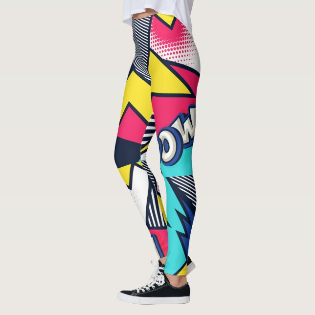 Pop Art Pow! Muster in Magenta, Blau und Schwarz Leggings (Links)